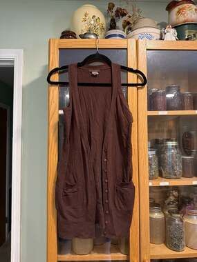 Feline Brown 100% Cotton Ribbed Knit Cardigan Vest with Pockets Size Medium